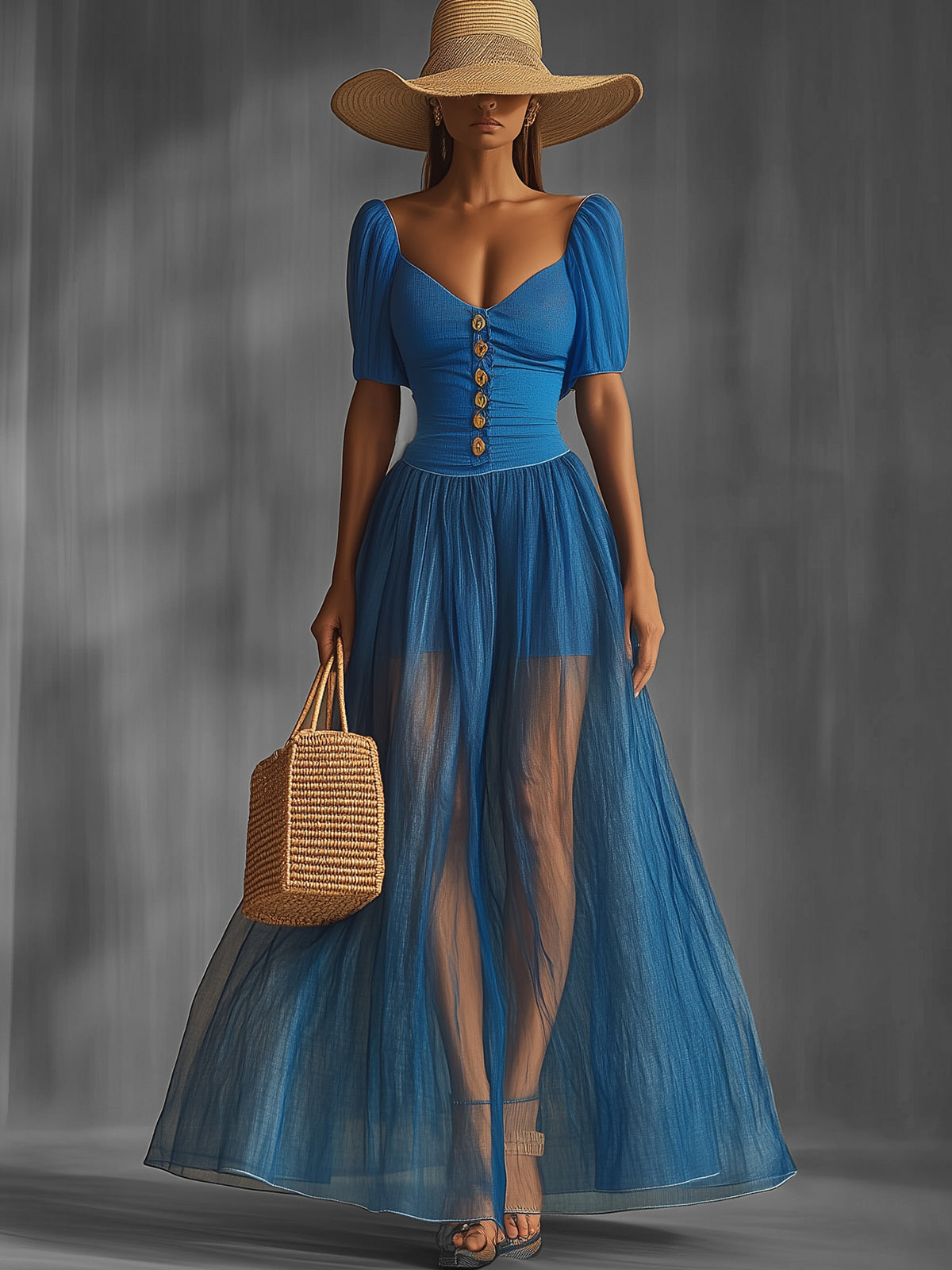 Blue Puff Sleeve Sheer Maxi Dress With Button Detail
