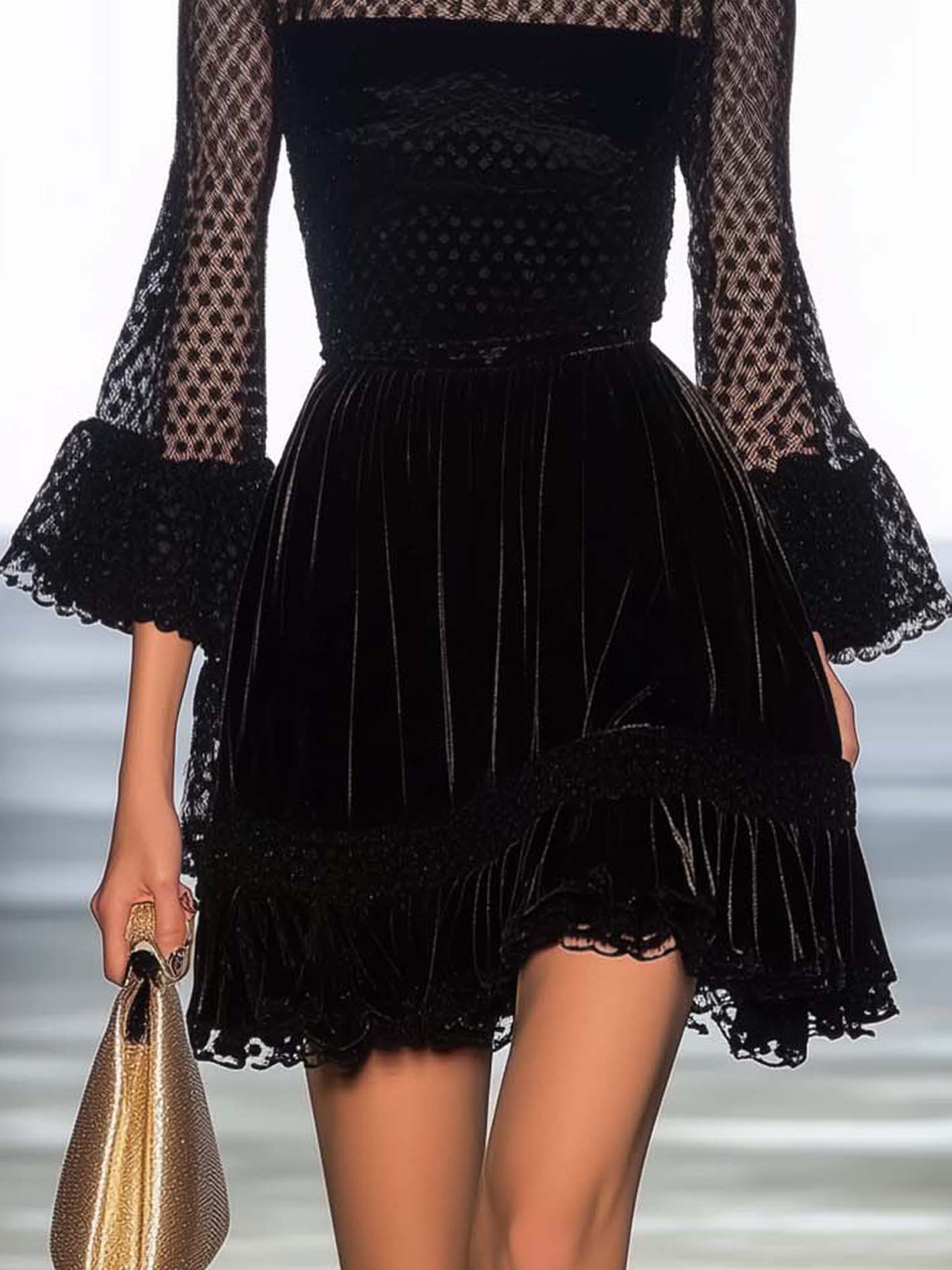 Black Velvet Mini Dress With Stylish Mesh Stitching