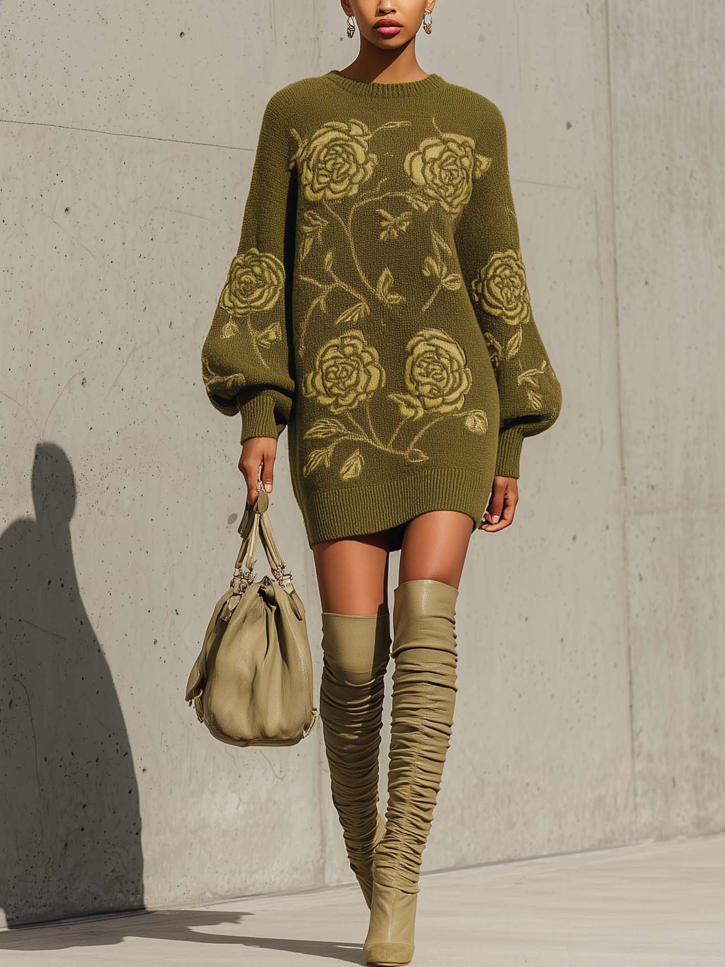 Olive Green Knitted Mini Dress With Rose Embroidery