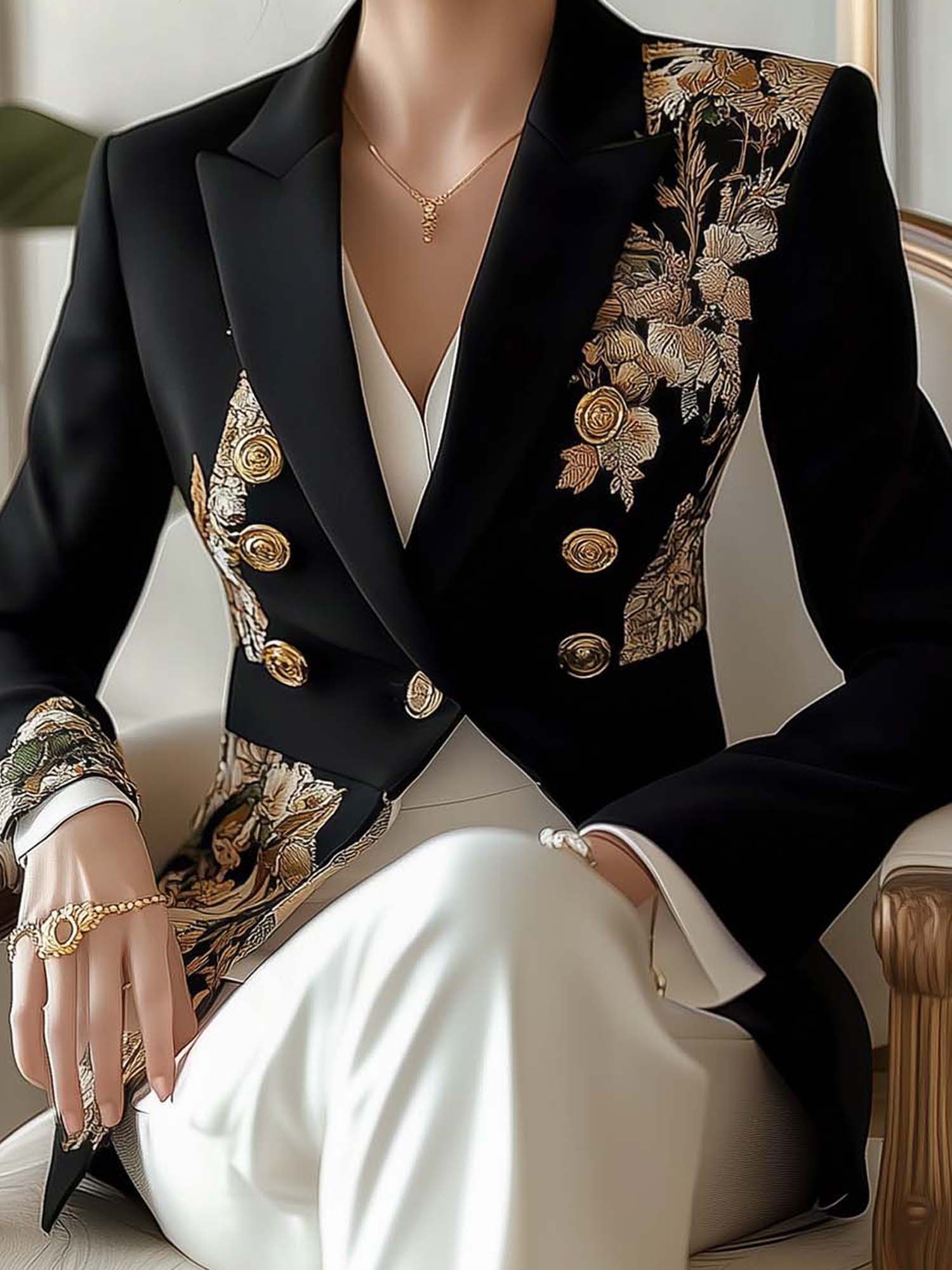 Black Blazer With Vintage Floral Pattern And Double-breasted Buttons