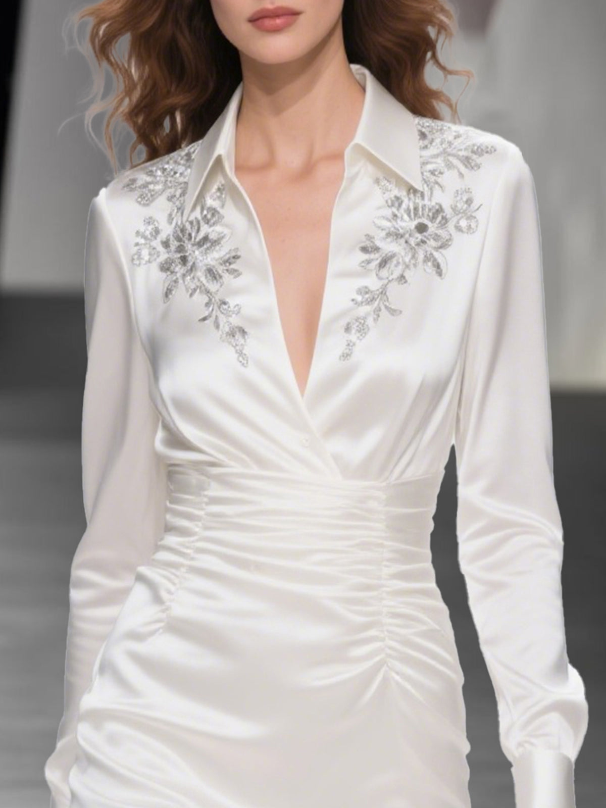 Satin Ruched Mini Dress With Embroidered Collar