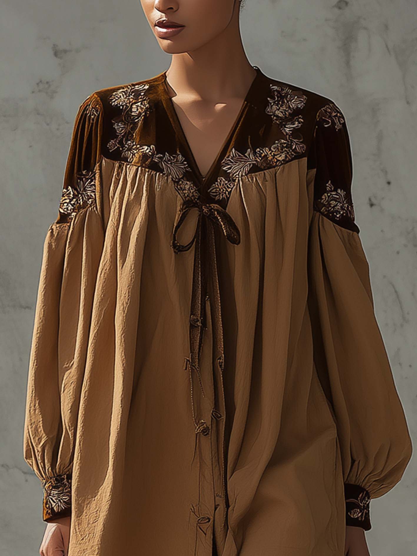 Light Brown Patchwork Velvet Embroidered Mini Dress