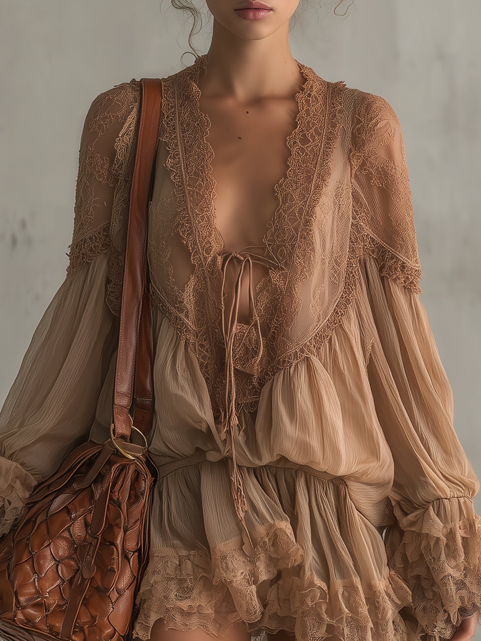 Lightweight Nude Lace Chiffon Long Sleeve Mini Dress