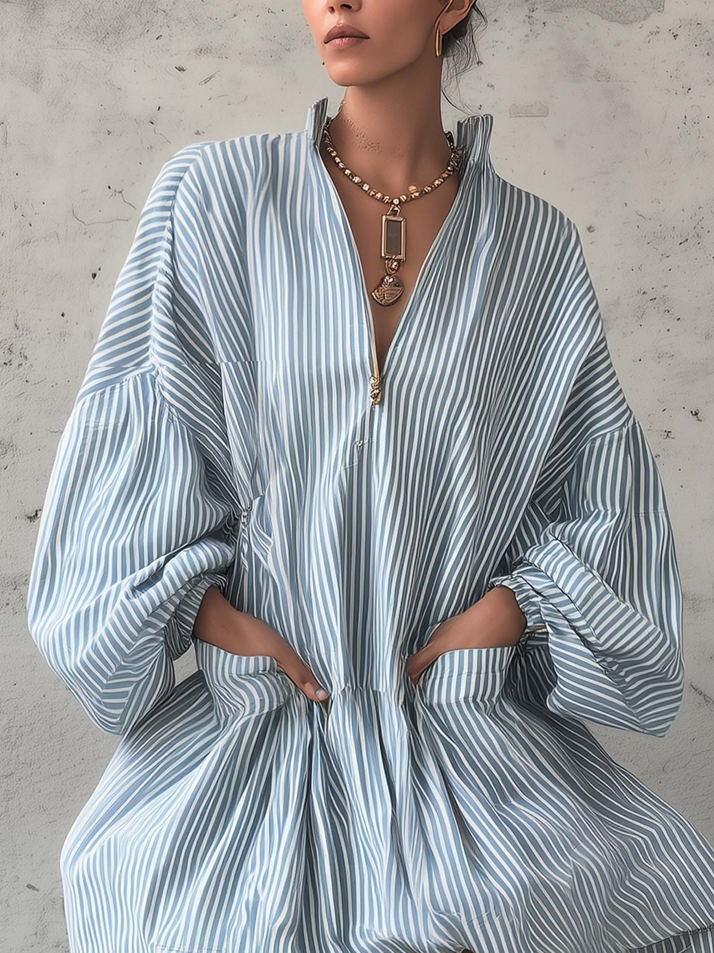 Blue Striped Puff Hem Mini Zip-Up Shirt Dress