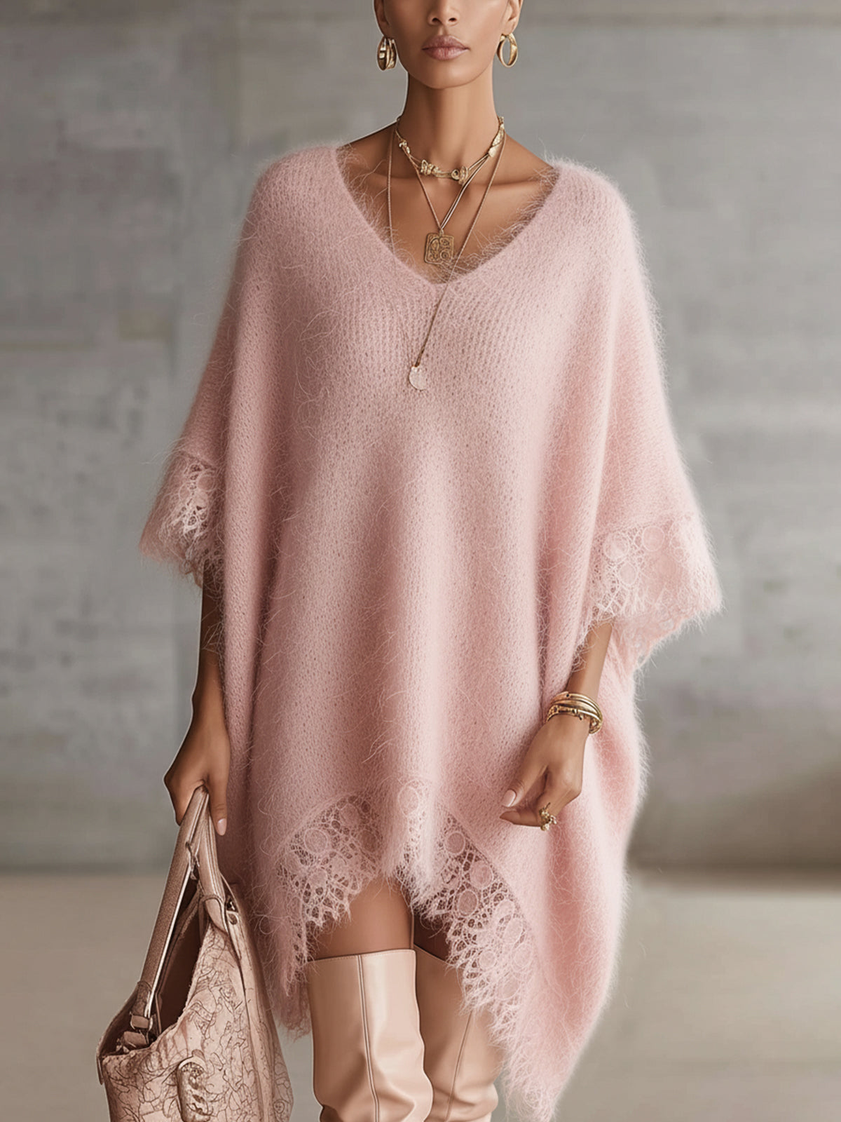 Pink Mohair Knit Oversized Sweater Dress With Scalloped Lace Hem