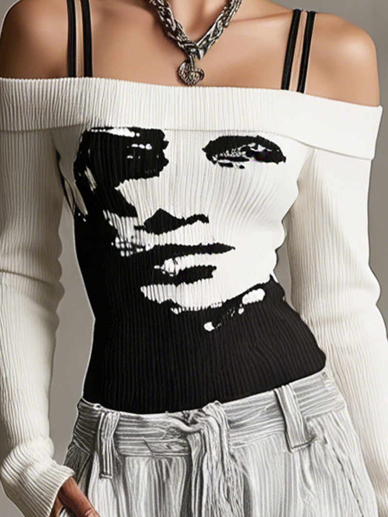 Black And White Off-Shoulder Knit Sweater With Abstract Face Design