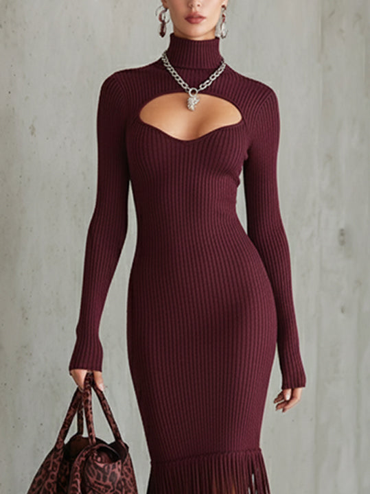 Burgundy Ribbed Knit Cutout Midi Dress With Fringe Hem