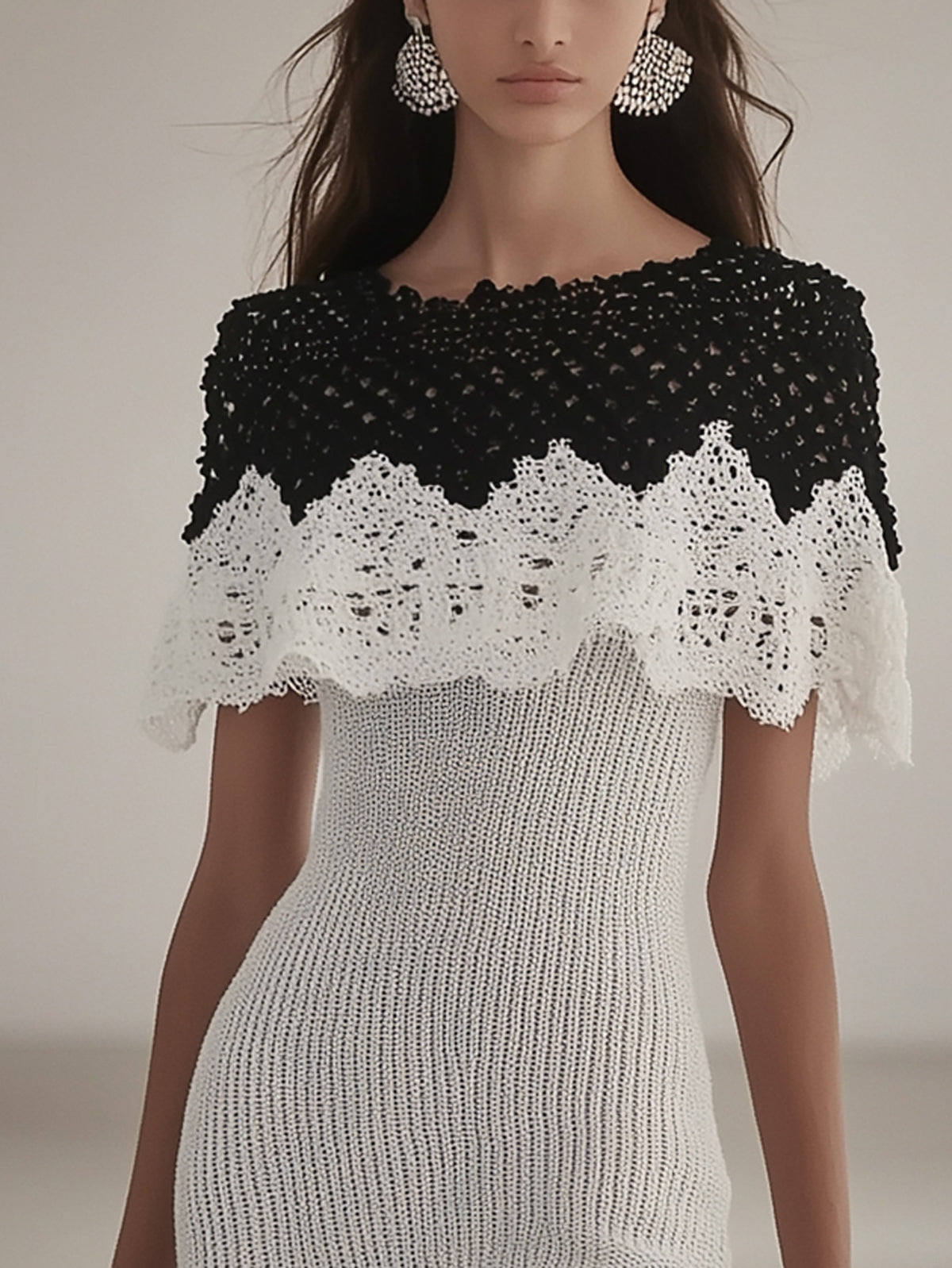 White Crochet Knit Contrast Ruffle Boat Neck Short Sleeve Midi Dress