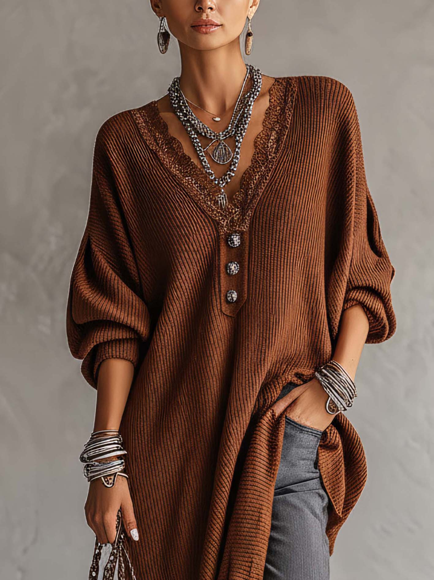 Brown Lace Patchwork Ribbed Knit Button Maxi Dress