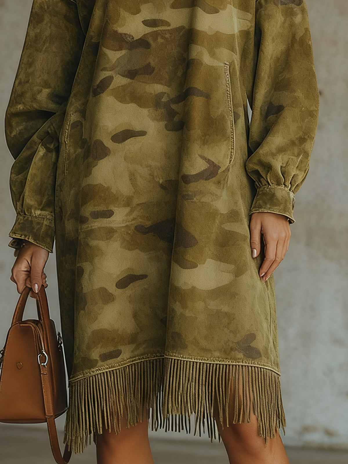 Olive Camouflage Faux SuedeTurtleneck Fringed Hem Dress