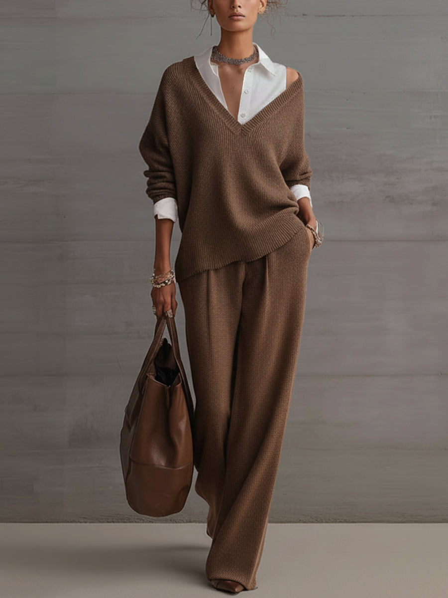 Brown Loose Fit Knitted Two Piece Sweater And Wide Leg Pants Set
