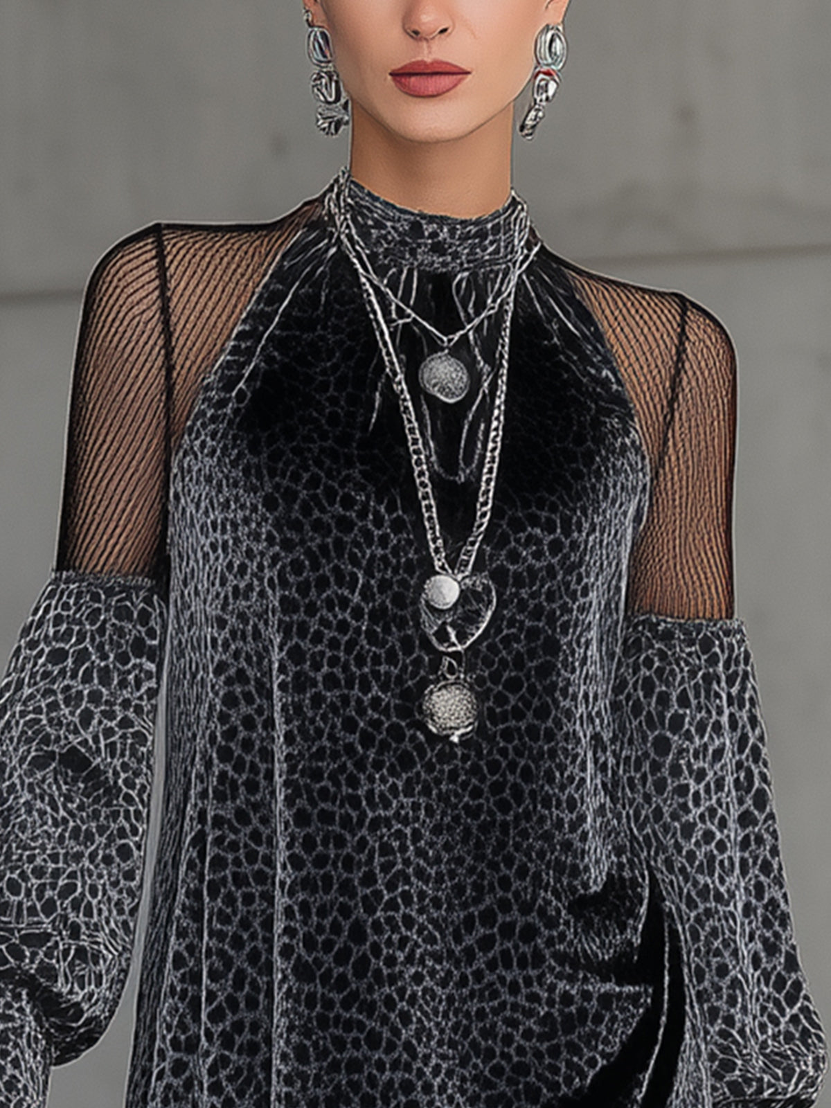 Gray Velvet Animal Print Mini Dress With Sheer Sleeves