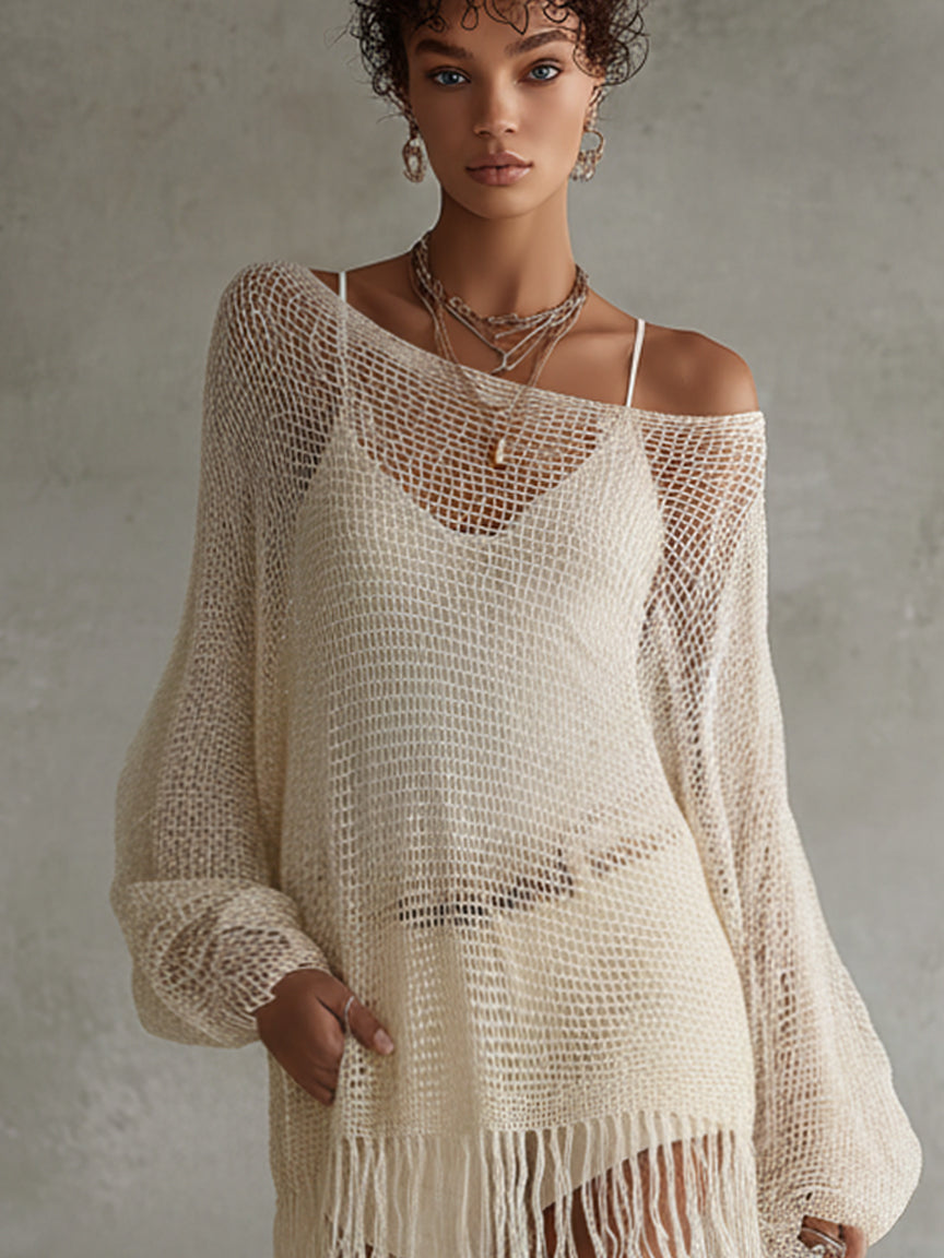 Off White Lightweight Knitted Tassel Set