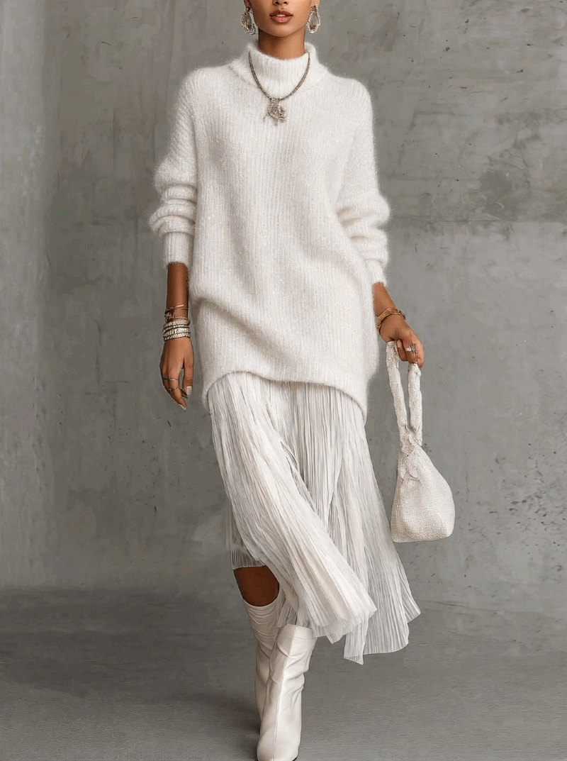 White Shimmer Fuzzy Knit Sweater Dress With Pleated Chiffon Patchwork Hem