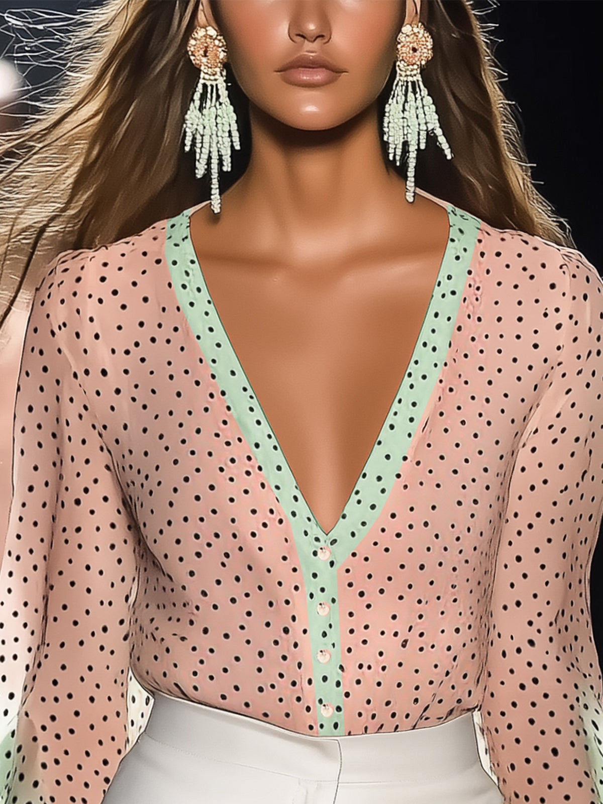 Chic Polka Dot Sheer Blouse With Ombre Sleeves And Green Trim