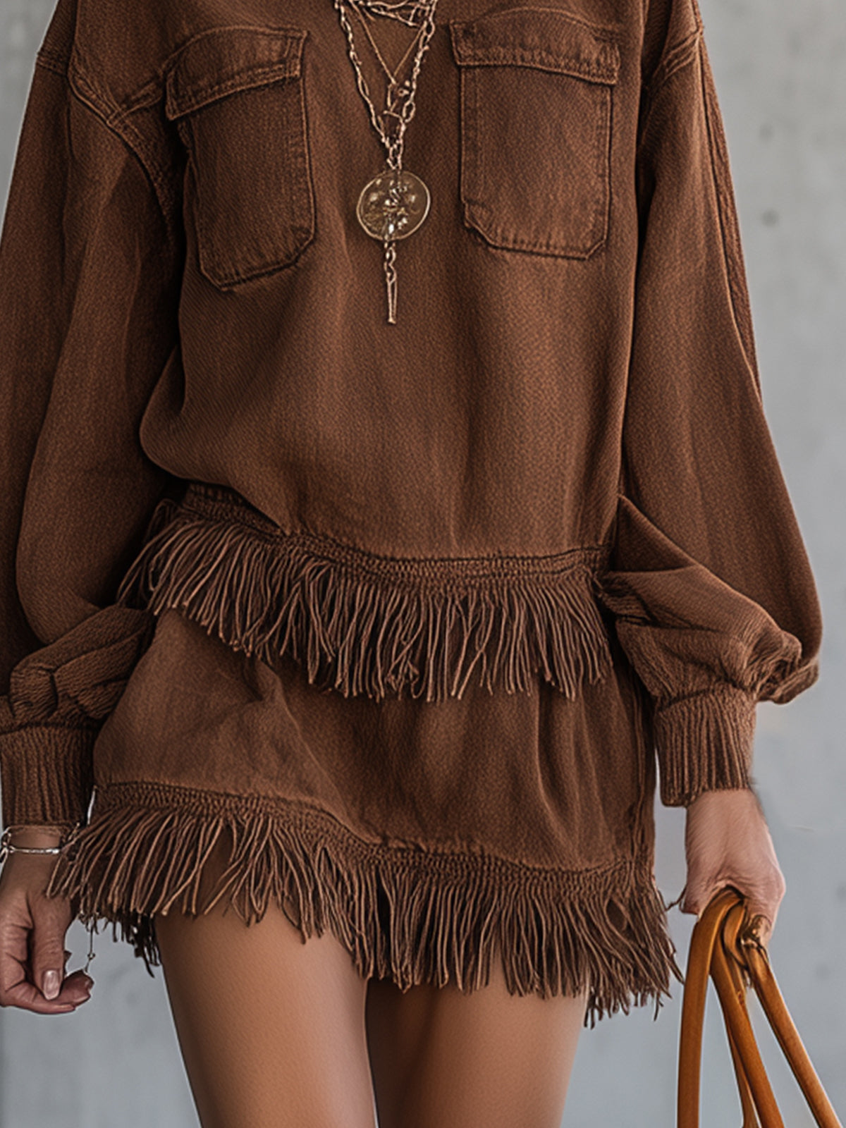 Brown Fringe Hem Long Sleeve Denim Mini Dress