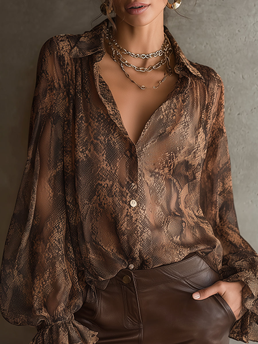 Brown Animal Print Chiffon Relaxed Shirt