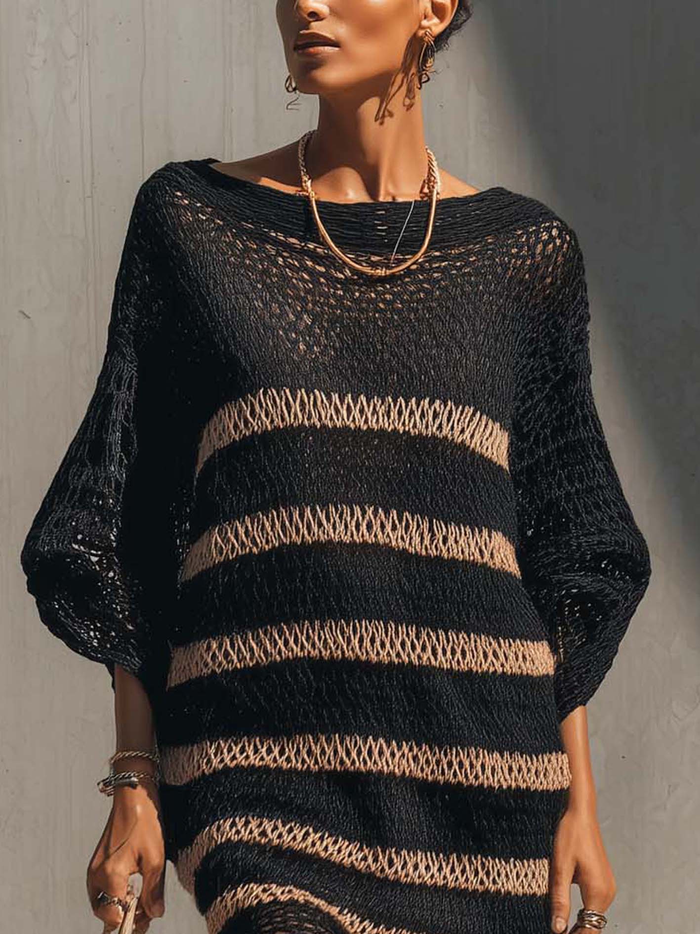 Black Brown Striped Knit Mini Dress With Drawstring Hem