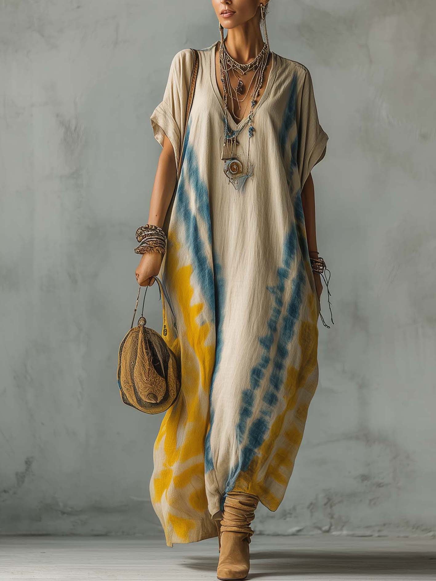 Oatmeal Cotton Linen Tie-Dye Boho V-Neck Maxi Dress