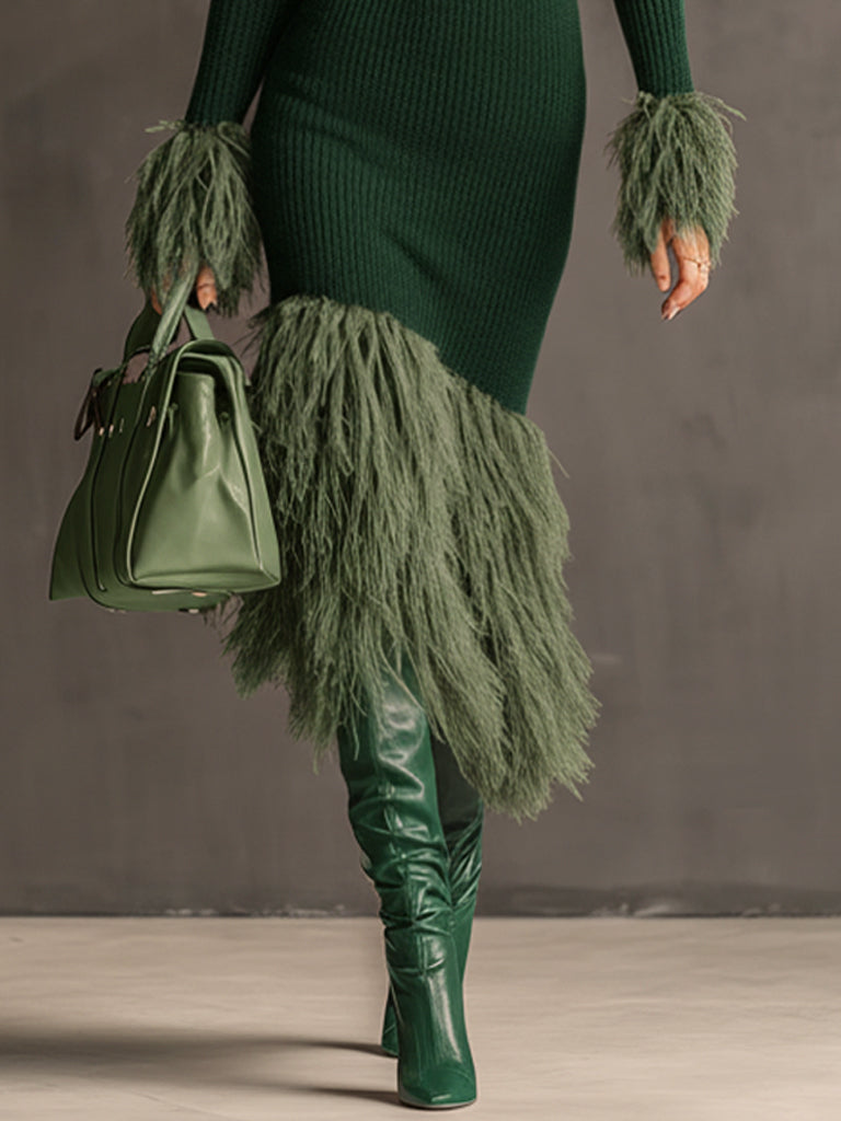 Emerald Knit Patchwork Eco Faux Fur Long Sleeve Bodycon Dress