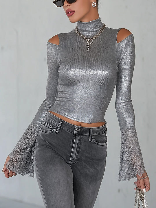 Silver Cold Shoulder Lace Cuff High Neck Shirt