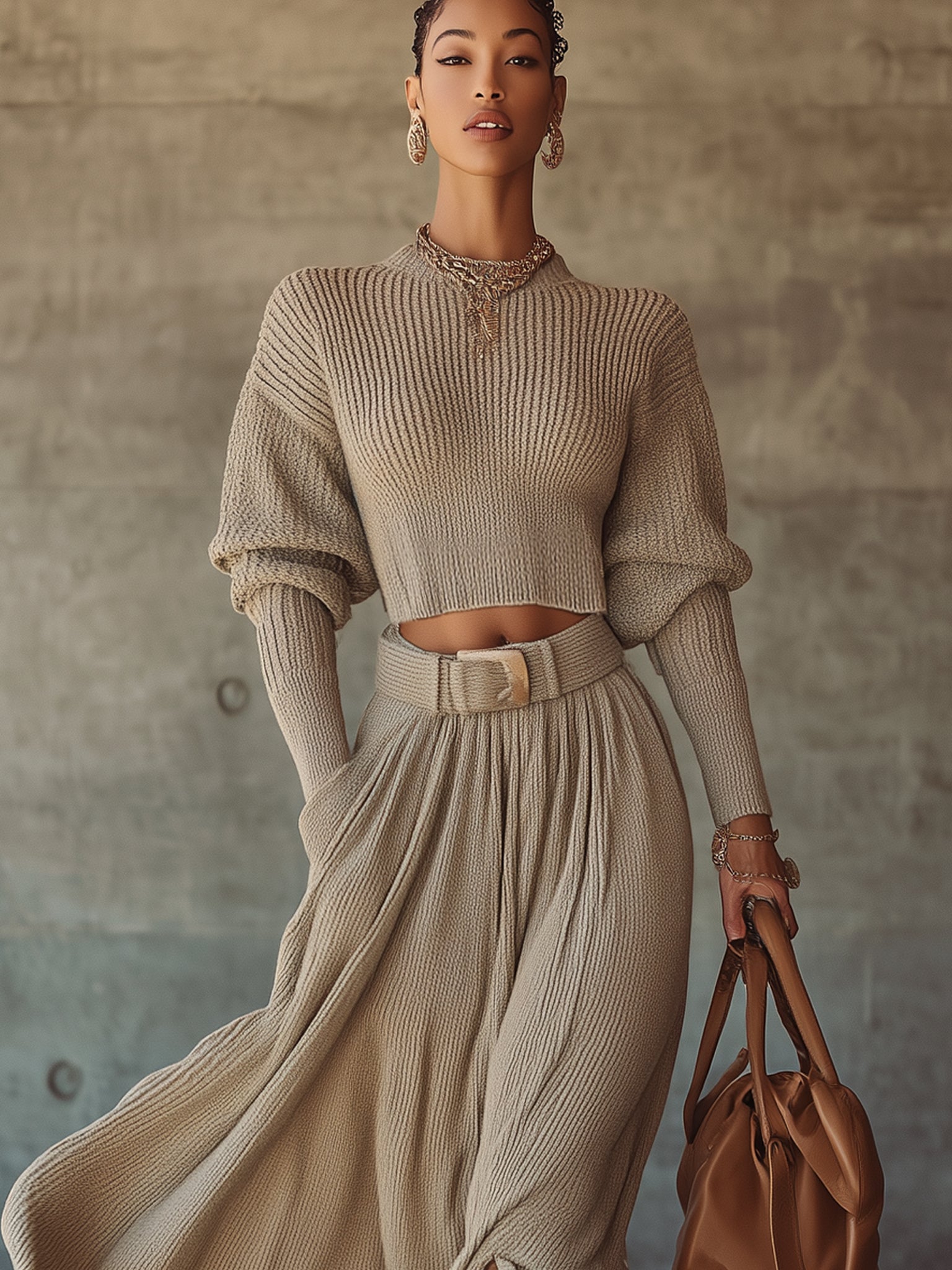 Elegant Beige Knit Puff-Sleeve Top And Tie Waisted Maxi Skirt Set