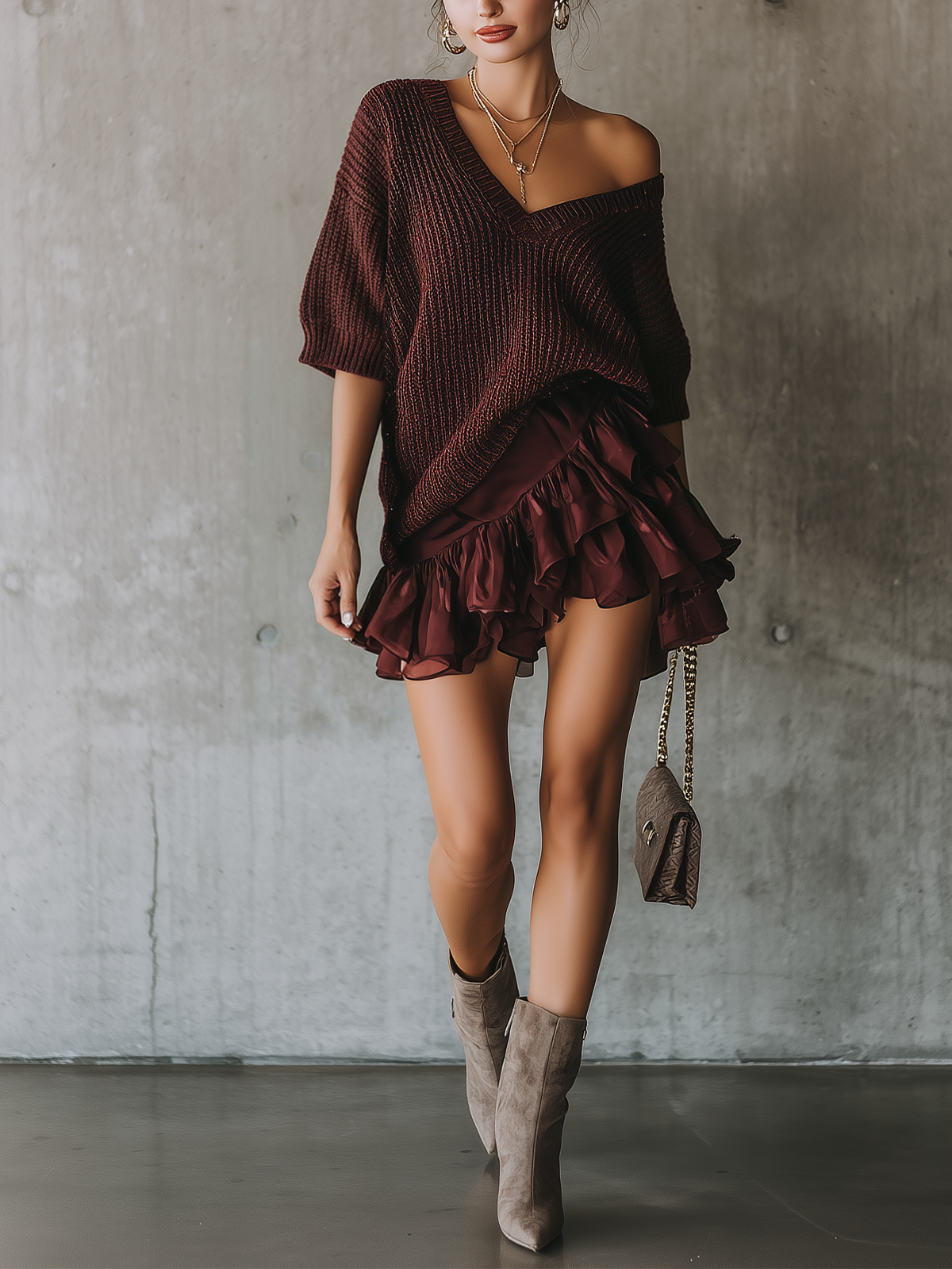 Red Knit Chiffon Ruffled Hem Mini Dress
