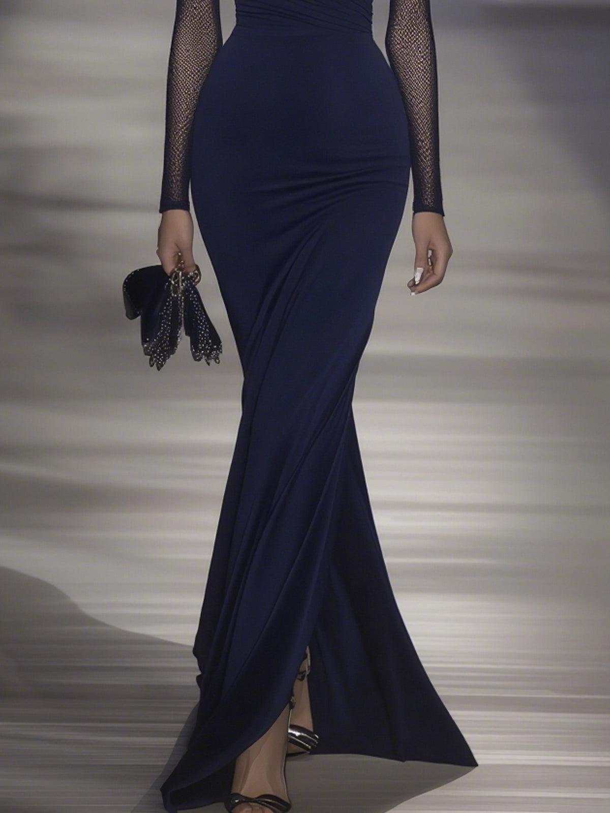 Navy Mesh Sleeved Ruched Deep V-Neck Long Sleeve Maxi Dress
