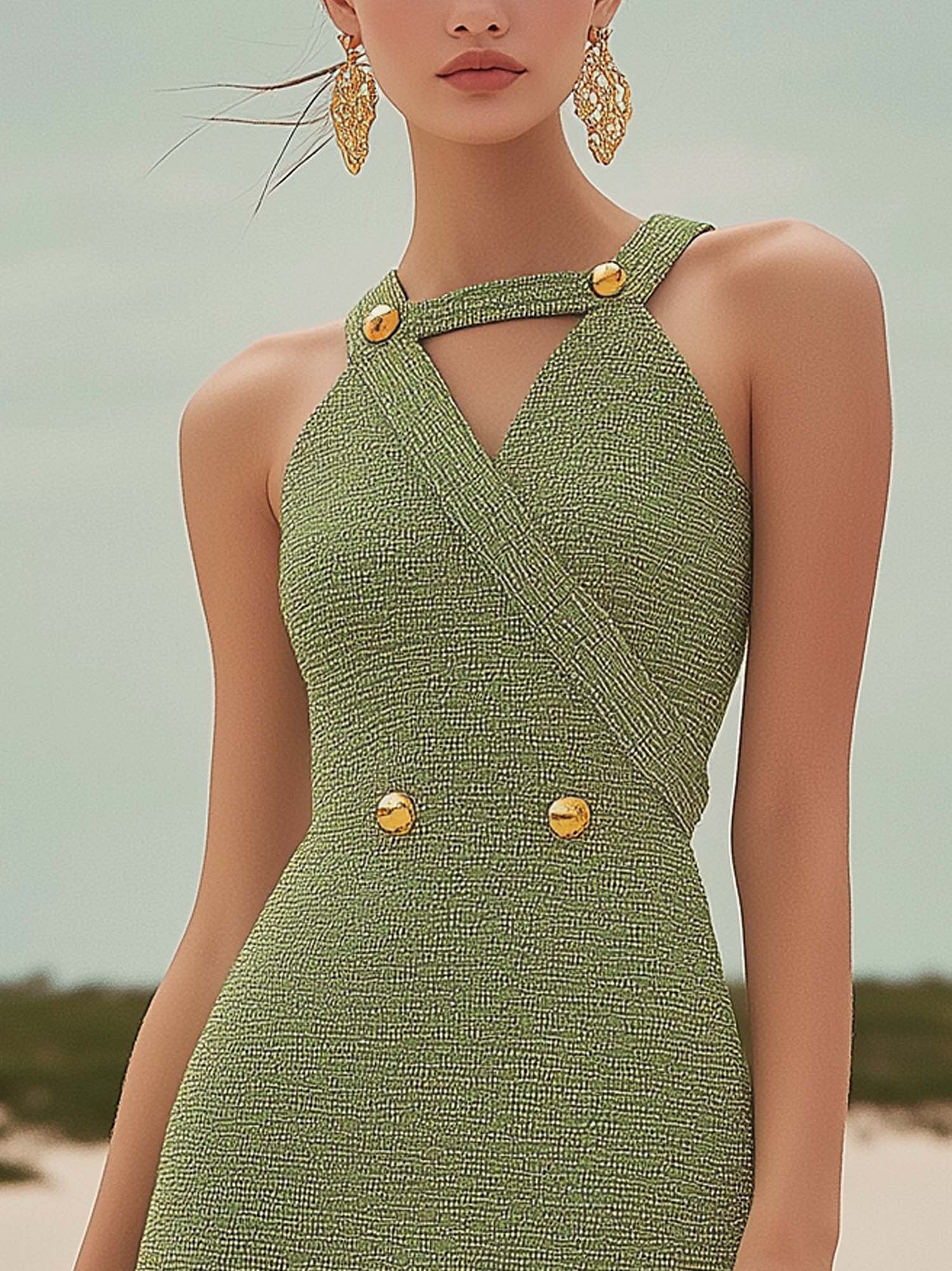 A-Line Fashion Neckline Textured Fabric Green Mini Dress