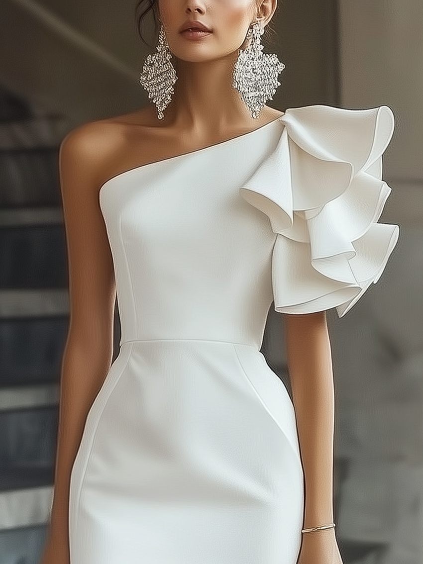 One Shoulder White Midi Bodycon Dress With Ruffled Sleeve