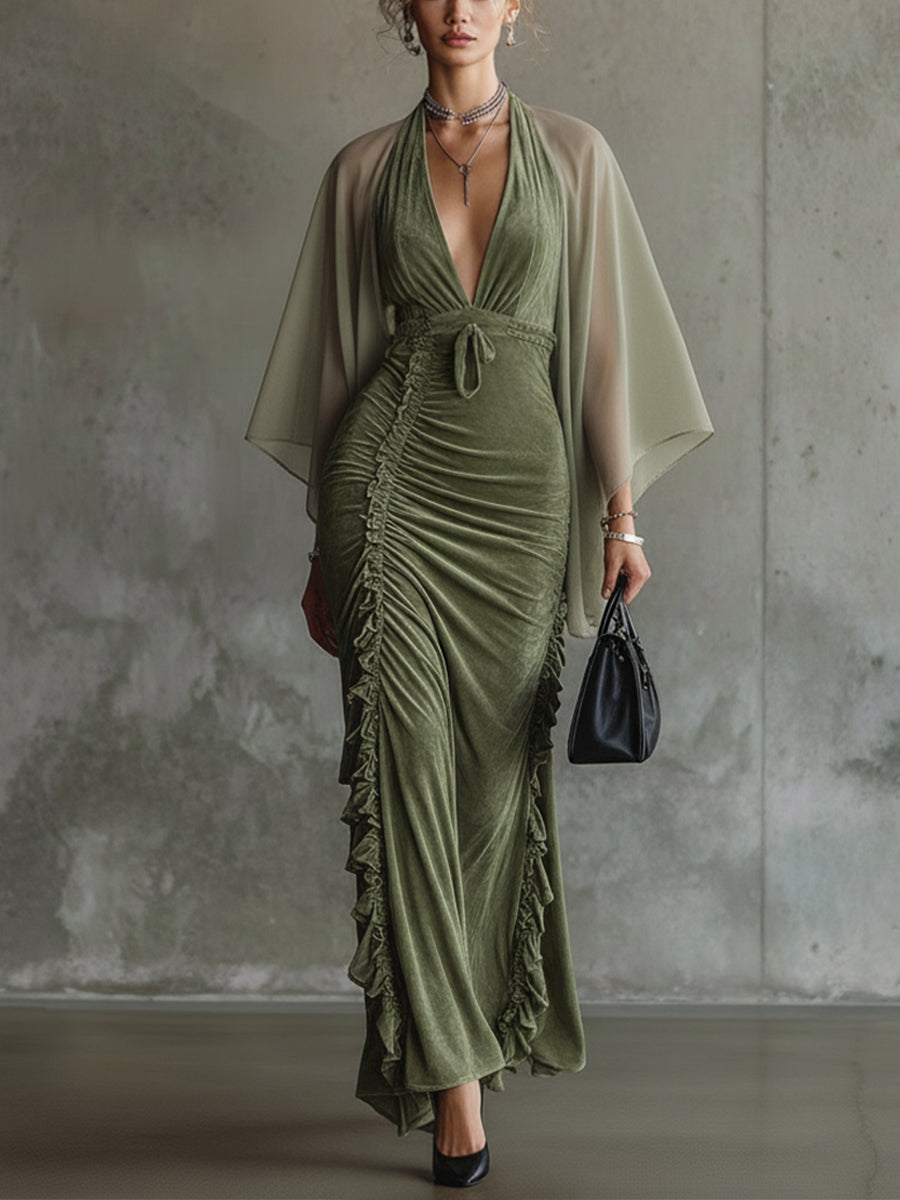 Green Faux Suede Maxi Dress With Chiffon Sleeves