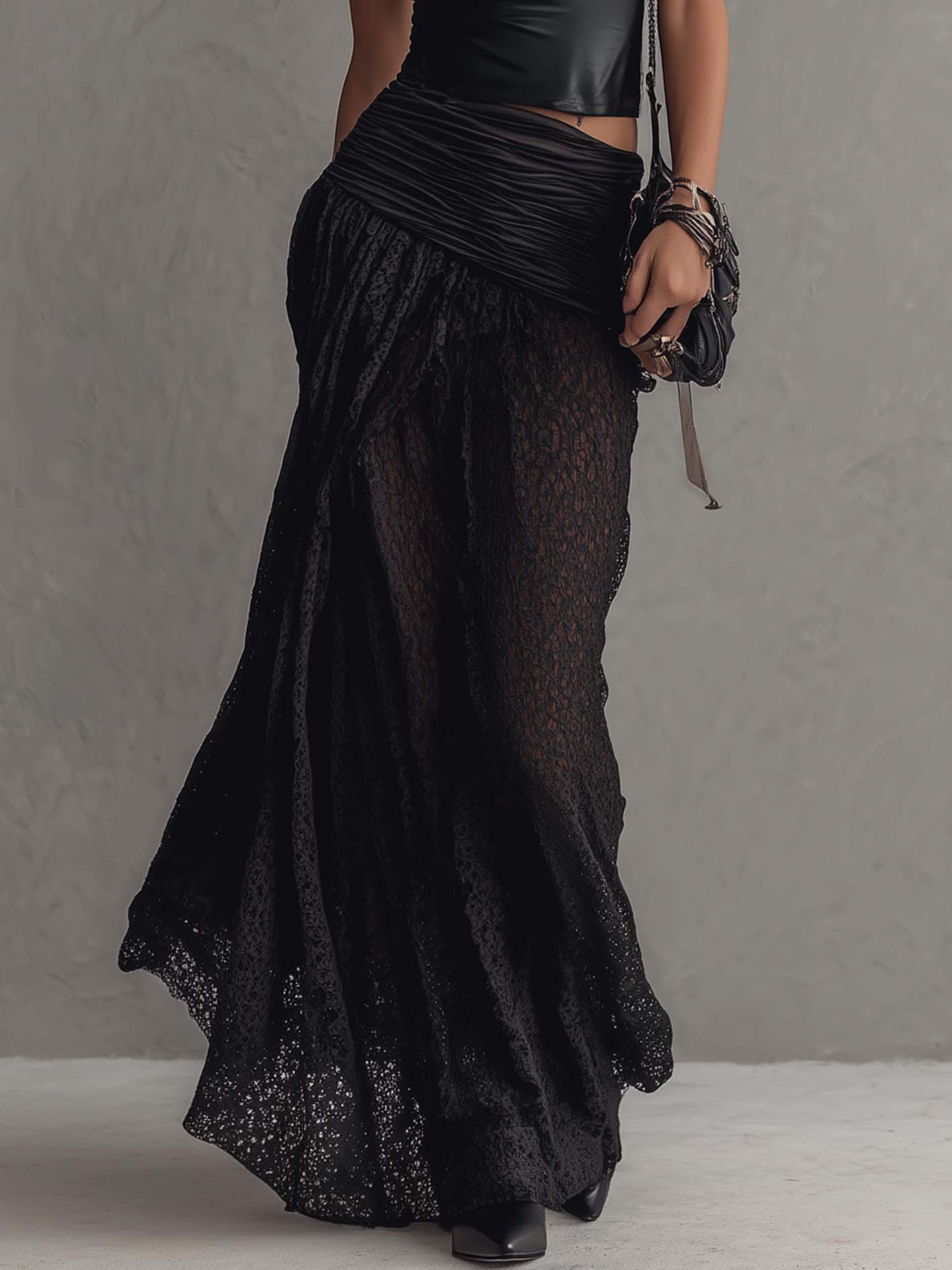 Black Faux Leather Zipper Top And Lace Maxi Skirt Set