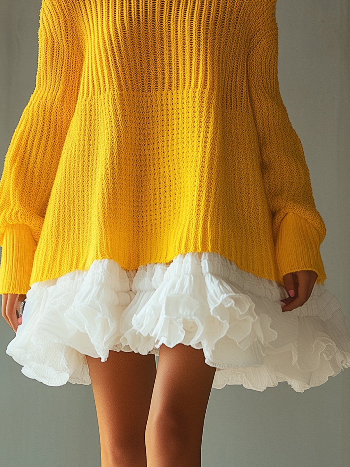 Turtleneck Yellow Knitted Sweater Dress With Ruffled Hem