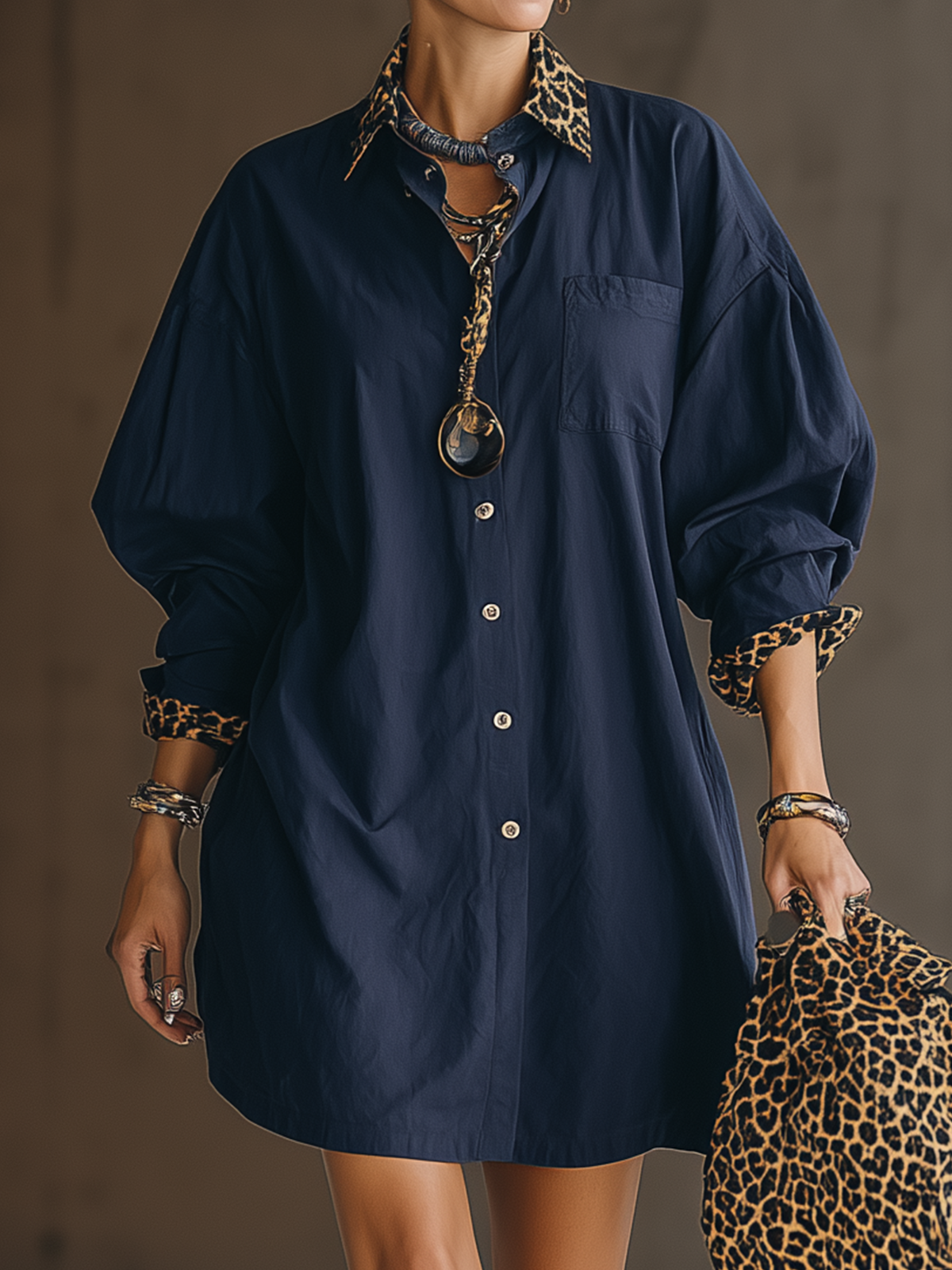 Navy Leopard Trim Oversized Button-Up Shirt Mini Dress