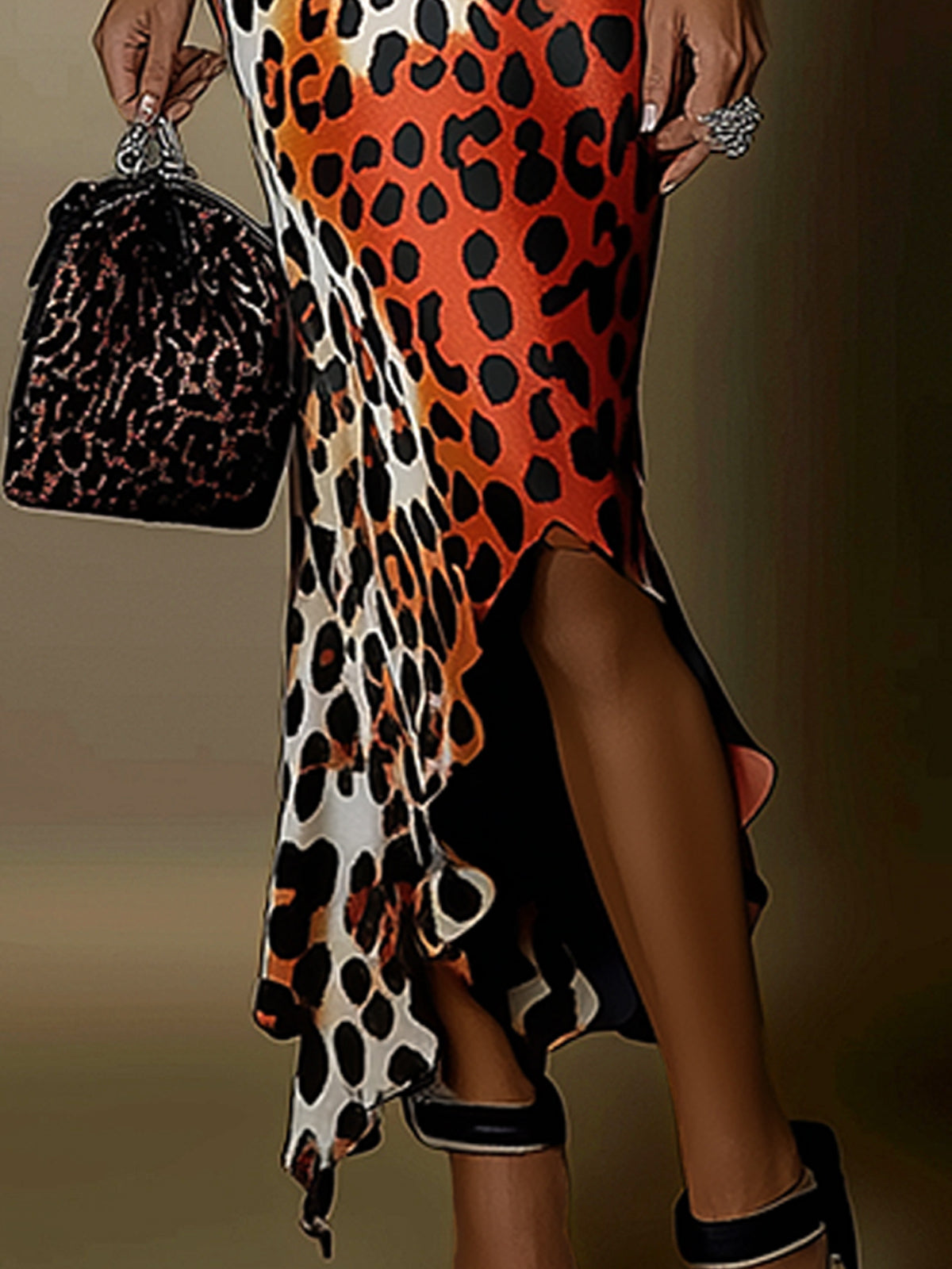 Off Shoulder Leopard Print Satin Bodycon Maxi Dress