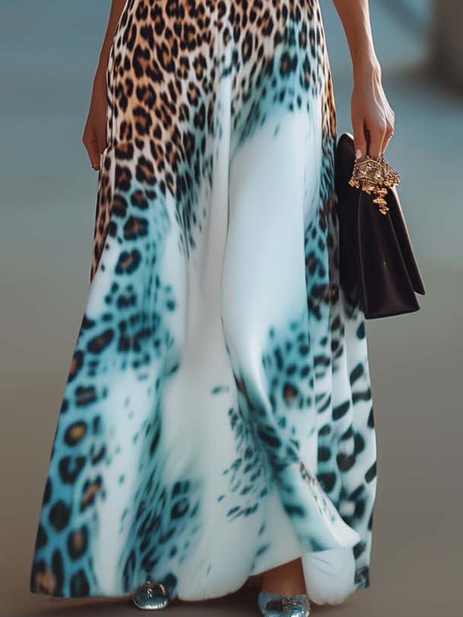Off Shoulder White Maxi Dress With Gradient Leopard Print