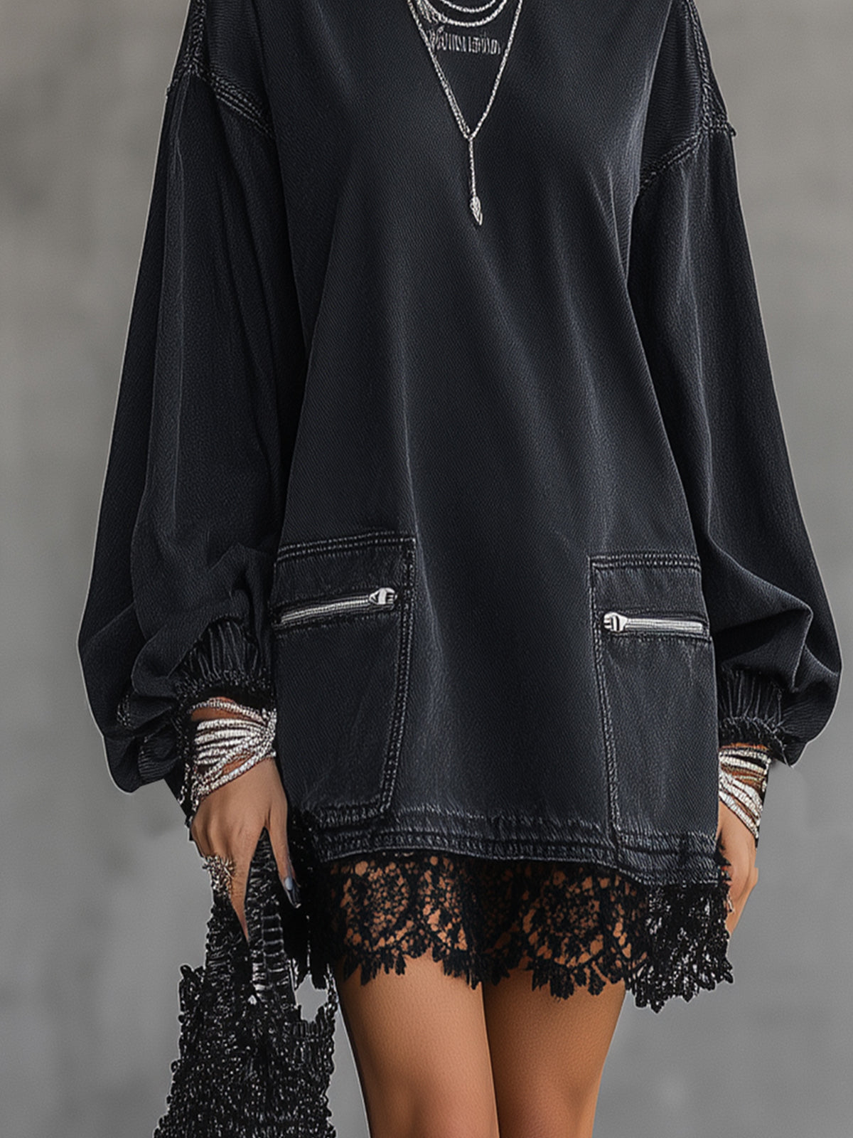 Black Lace Hem Long Sleeve Denim Mini Dress