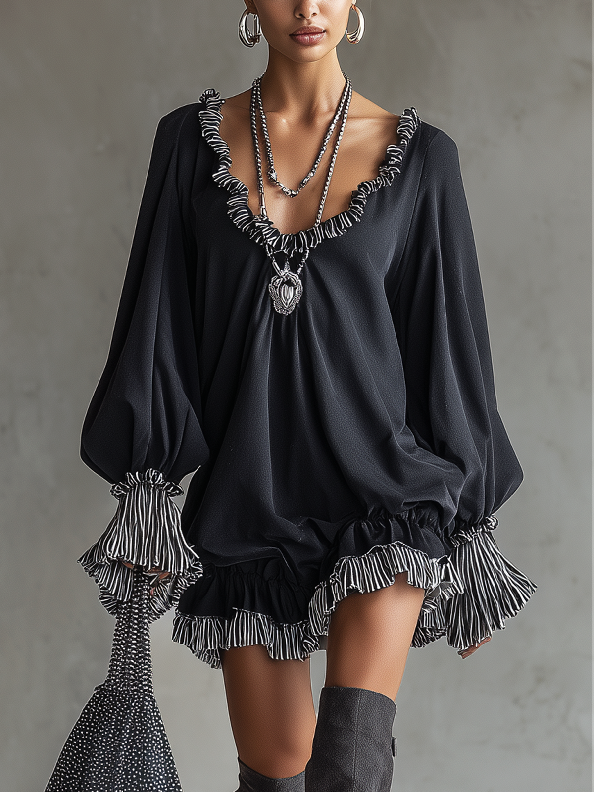 Black Faux Suede Striped Ruffled Loose Mini Dress