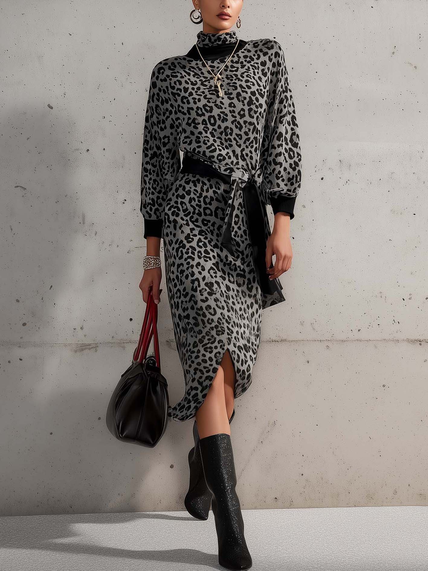 Gray Velvet Midi Dress With Black Leopard Print And Belt