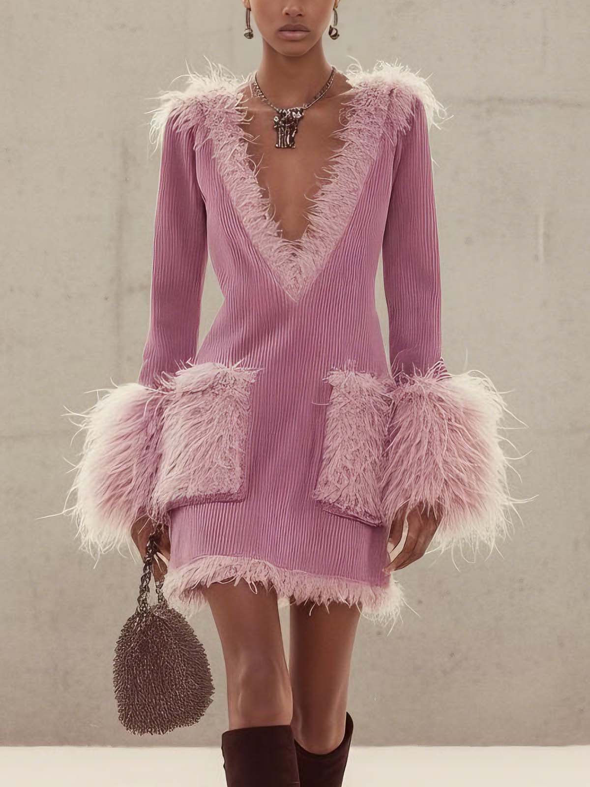 Pink Corduroy Feather-trimmed Double-pocket V-neck Dress