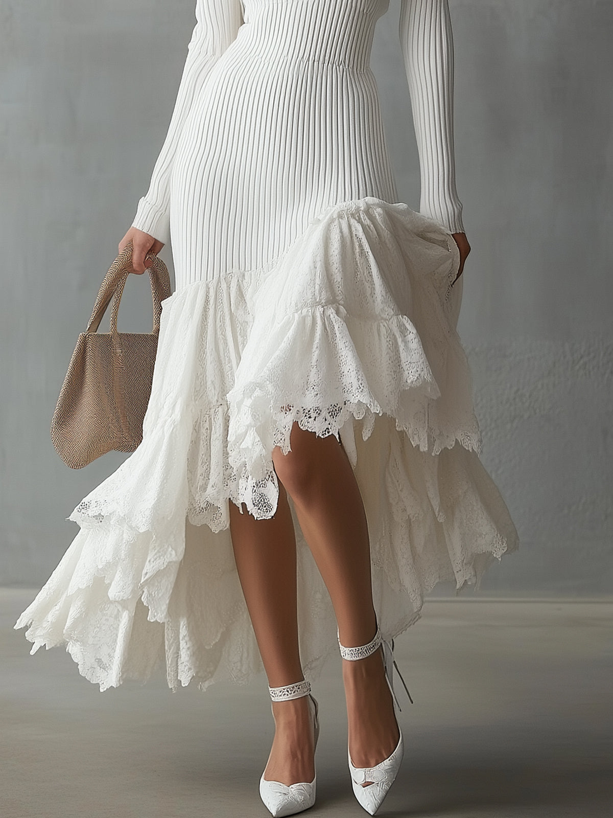 White Rib Knit Dress With Lace Ruffled Hem