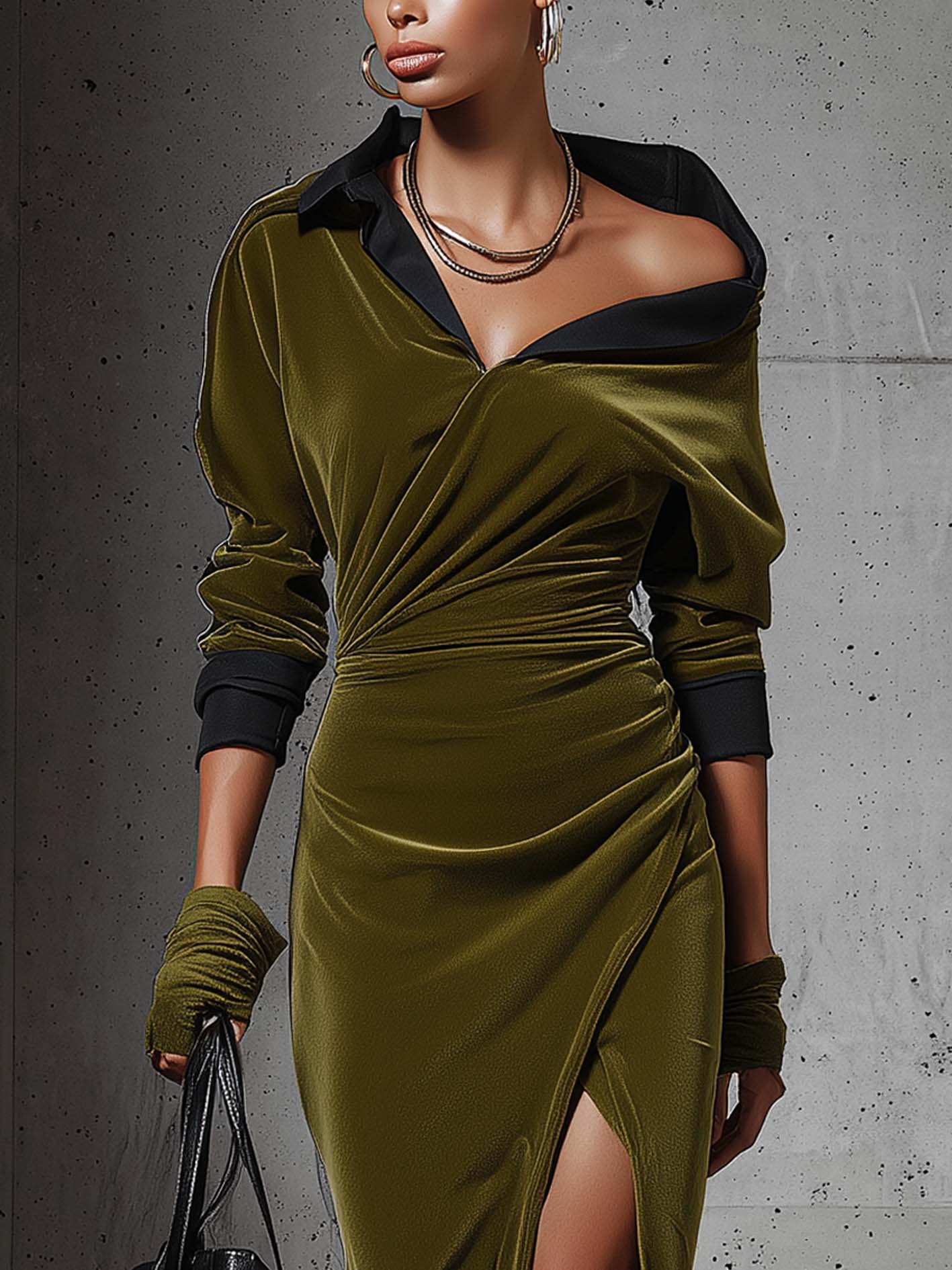 Patchwork Lapel Side-slit Olive Green Velvet Bodycon Dress
