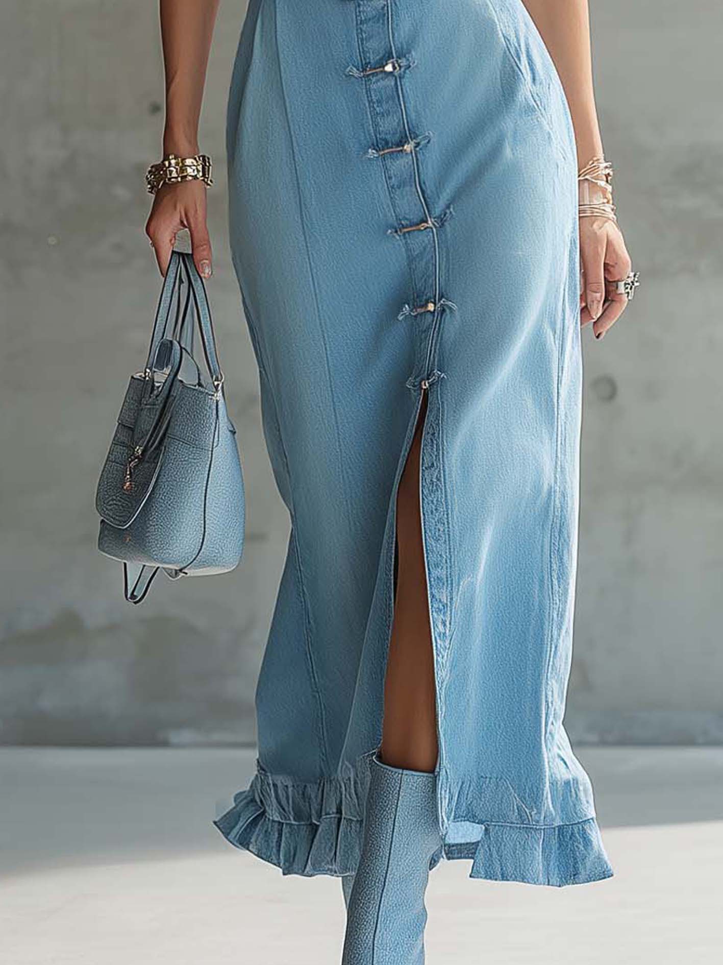 Sleeveless Denim Maxi Dress With Button Front And Ruffled Hem