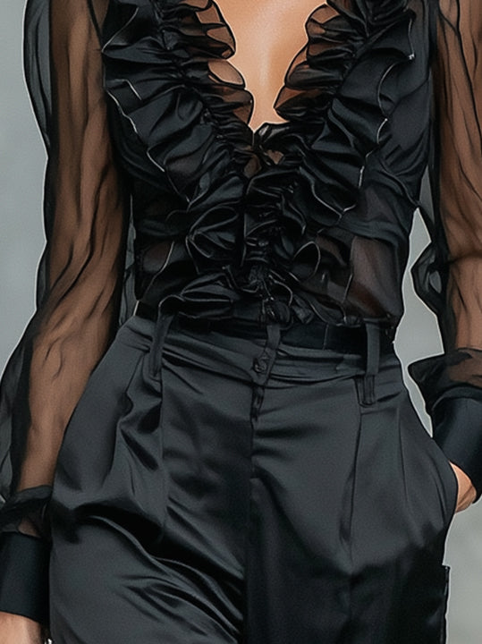 Black Sheer Ruffled Organza Blouse With Deep V-Neck