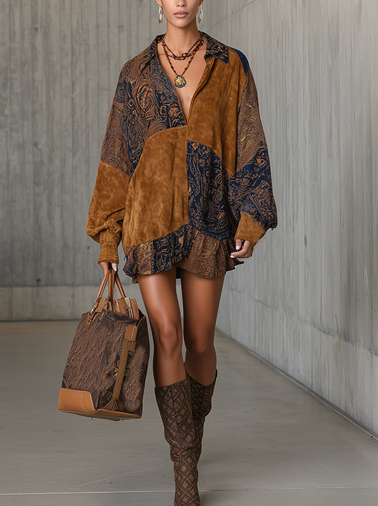 Brown Vintage Patchwork Faux Suede Mini Dress