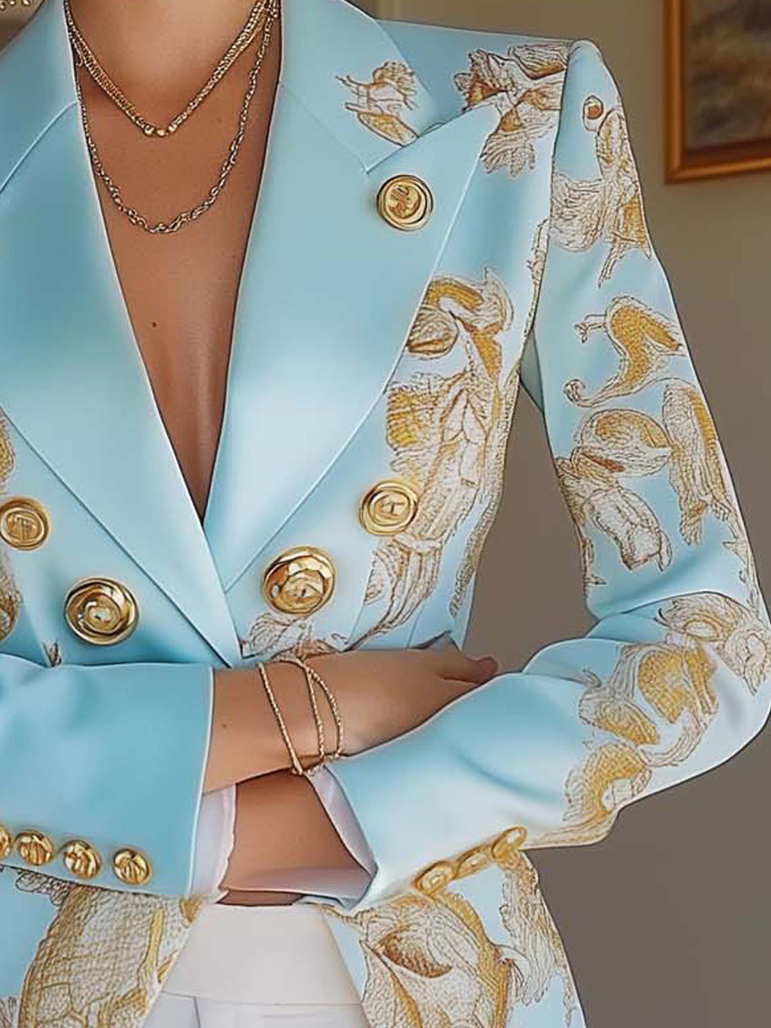 Sky Blue Satin Blazer With Elegant Gold Print