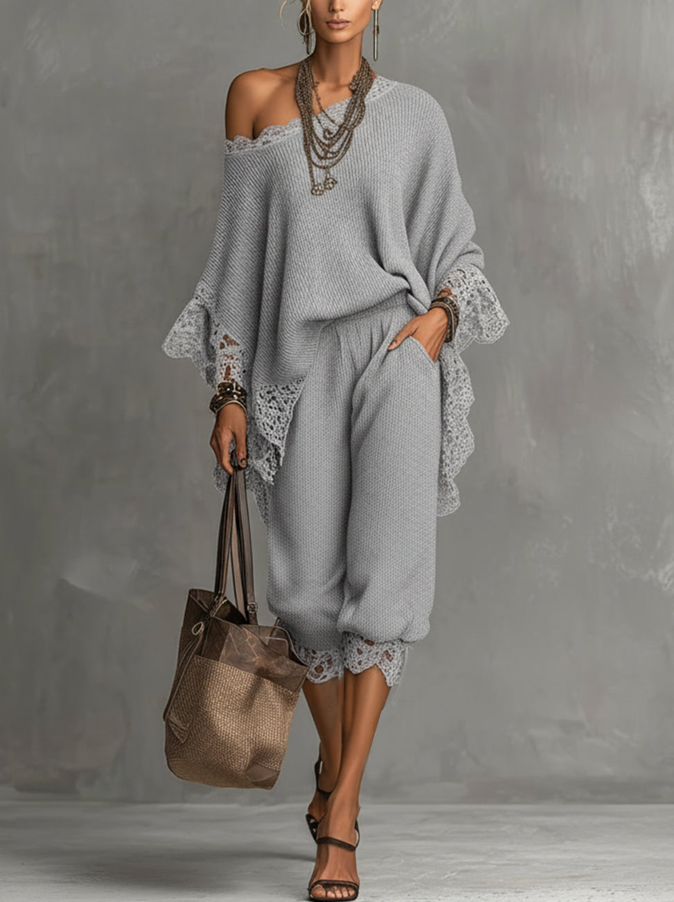 Light Gray Textured Knit Lace-Trim Two-Piece Set