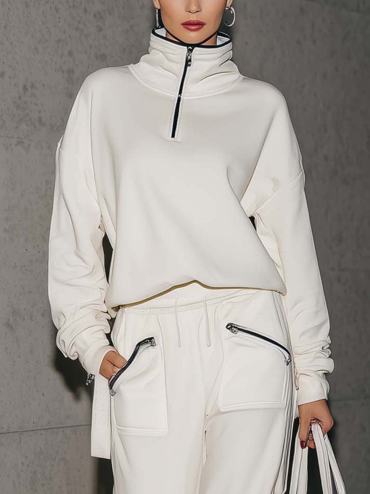 White Zip-Up Sweatshirt Set With Black Trim