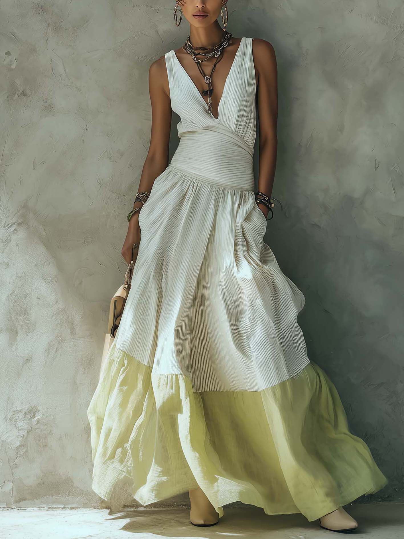 White V-Neck Sleeveless Maxi Dress With Chiffon Patchwork Hem