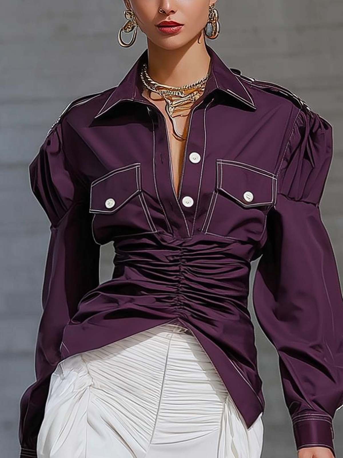 Purple Woven Half Open Placket Pleated Puff Sleeve Shirt